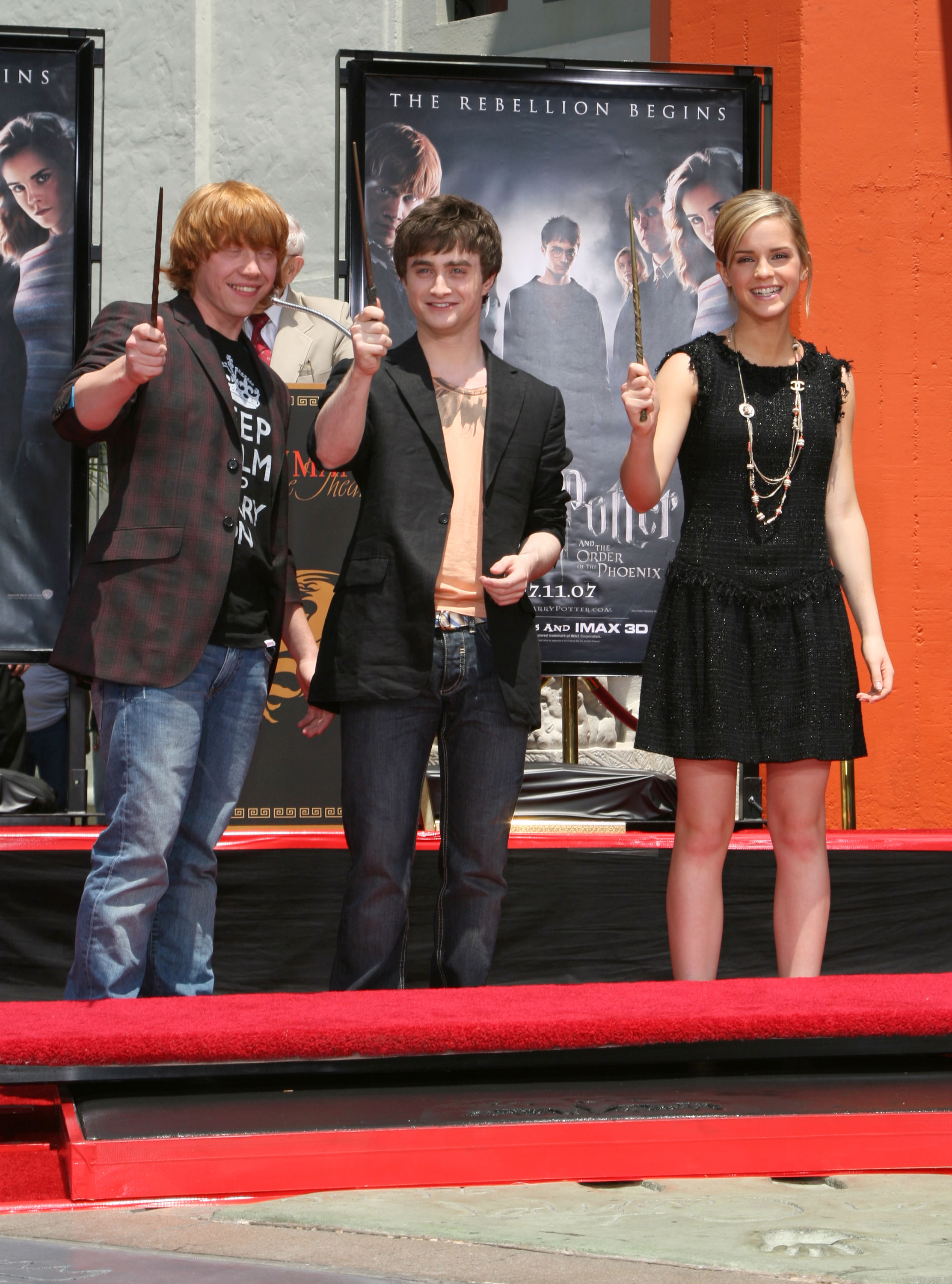 Rupert Grint, actor Daniel Radcliffe and actress Emma Watson attend the Harry Potter cast 'Hand, Foot and Wand-Print' ceremony held at Grauman's Chinese Theater July 9, 2007